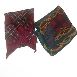 Vintage RARE Set of 2 Ralph Lauren Silk Scarf Bundle Chain Plaid Design Dogs